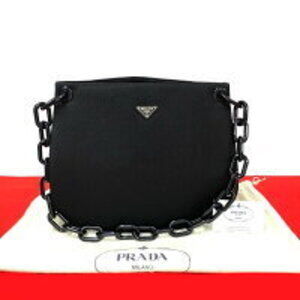PRADA Triangle Logo Canvas Chain Shoulder Tote Black